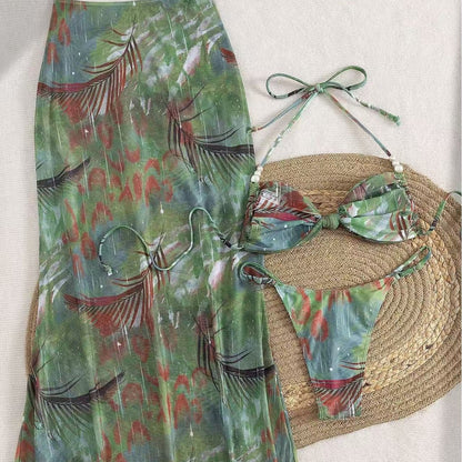 Necklace-style Beaded Halter Top Body-hugging Skirt Three-piece Set Split Bikini