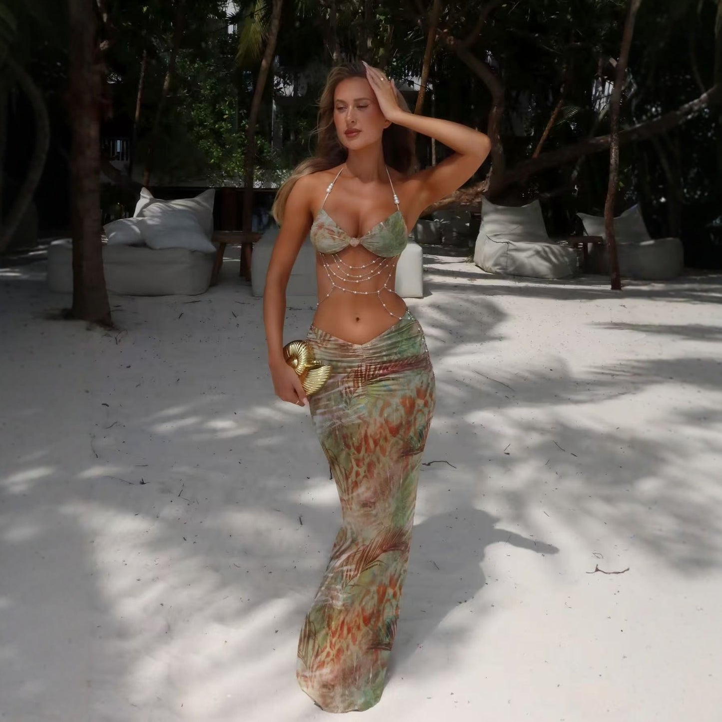 Necklace-style Beaded Halter Top Body-hugging Skirt Three-piece Set Split Bikini