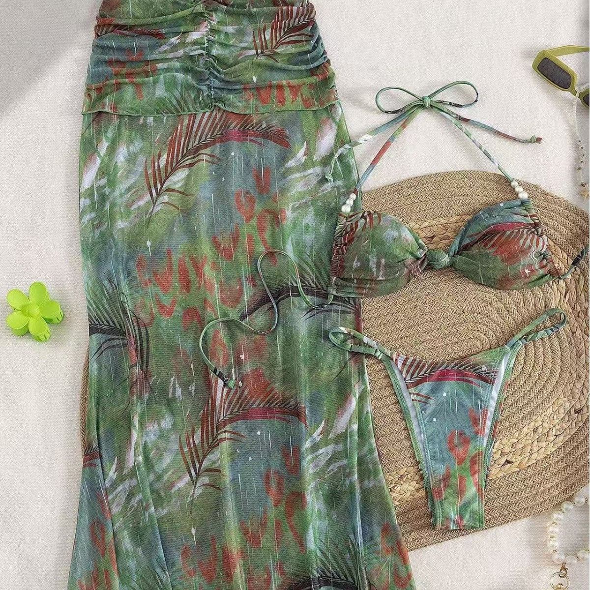 Necklace-style Beaded Halter Top Body-hugging Skirt Three-piece Set Split Bikini