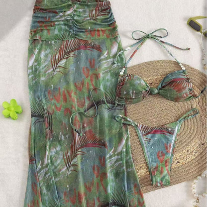 Necklace-style Beaded Halter Top Body-hugging Skirt Three-piece Set Split Bikini